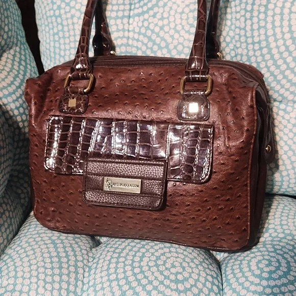 Brown Crocodile US Polo Embossed Leather Handbag - Picture 2 of 12